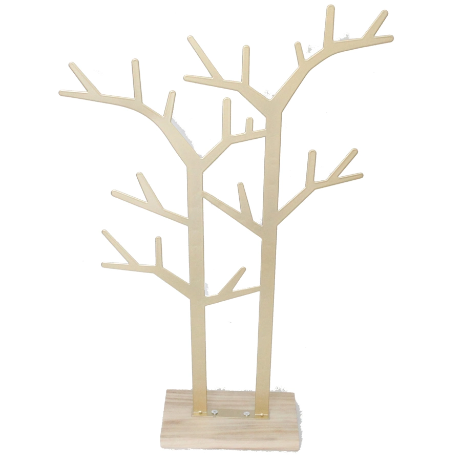 Tree of Life Jewelry Organizer, Golden Metal Branches, Wood Gallery Base, Earring Necklaces Holder
