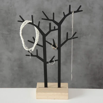 Tree of Life Jewelry Organizer, Black Metal Branches, Wood Gallery Base, Vanity Top, Rings, Earring Necklaces Holder, Shelf Tower