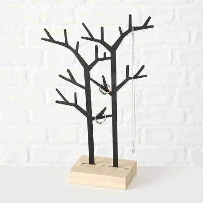 Tree of Life Jewelry Organizer, Black Metal Branches, Wood Gallery Base, Vanity Top, Rings, Earring Necklaces Holder